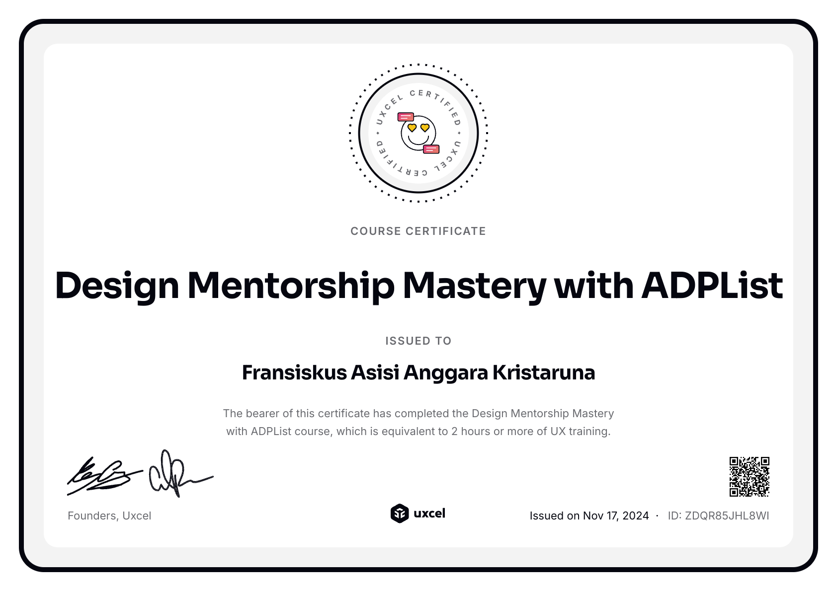 Fransiskus Asisi Anggara Kristaruna's certificate